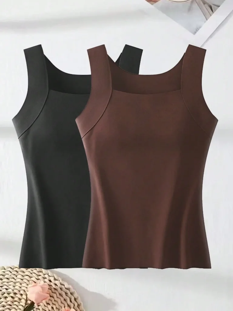 2Pcs Solid Wide Strap Tank Tops With Built In Padded Bra
