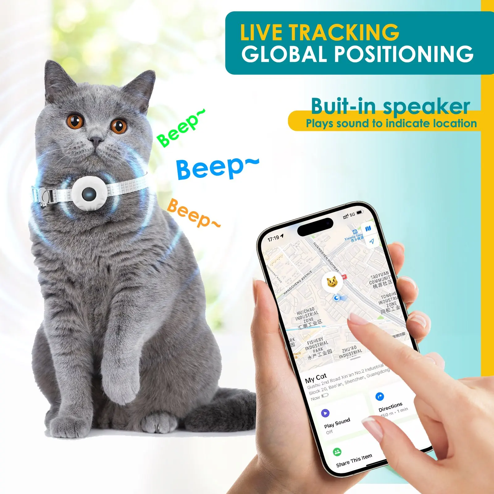 GPS Tracker, Waterproof Pet Tracker for Cats, Cat GPS Tracker Collar with Safety Elastic Buckle (Only iOS) - Image 5