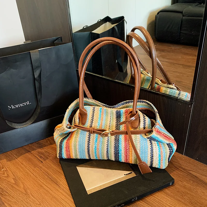 Large capacity rainbow woven tote bag.