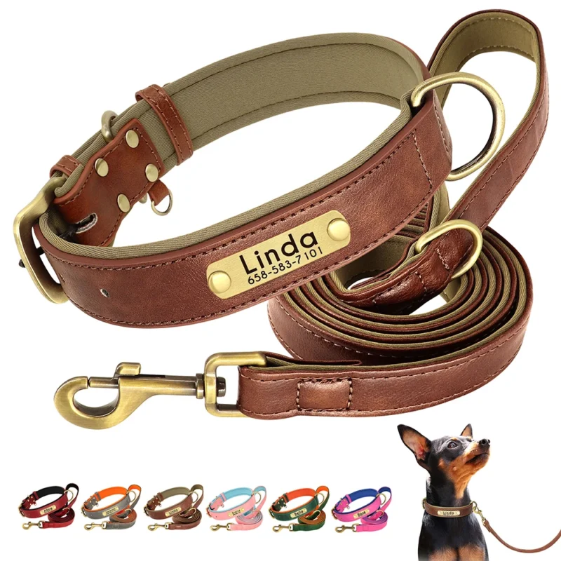 Customized Leather Dog Collar Leash Set Soft Padded