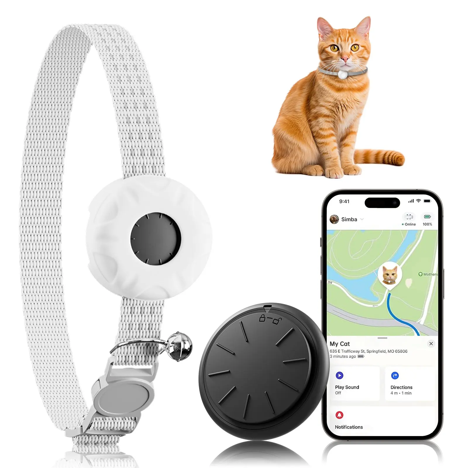 GPS Tracker, Waterproof Pet Tracker for Cats, Cat GPS Tracker Collar with Safety Elastic Buckle (Only iOS)